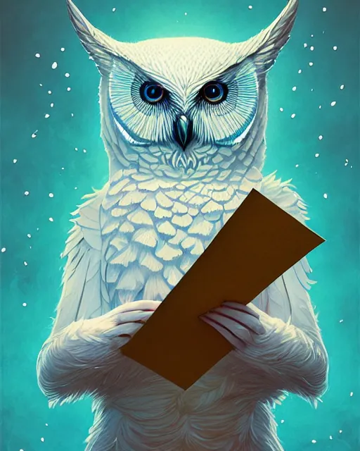 Image similar to beautiful polar owl holding a letter, by artgerm, victo ngai, ryohei hase, artstation, highly detailed digital painting, smooth, global illumination, fantasy art by greg rutkowsky, karl spitzweg, leyendecker