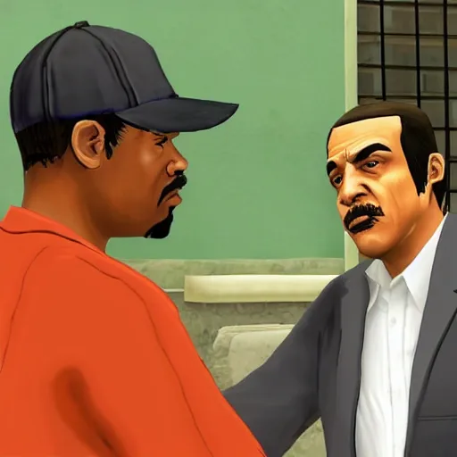 Prompt: cj from gta san andreas talking to the president alberto fernandez