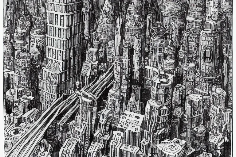 Image similar to an elaborate penned child illustration of an intricate connected city of tubes and pipes, by martin handford and by jan van haasteren and by simon bisley and by jack kirby