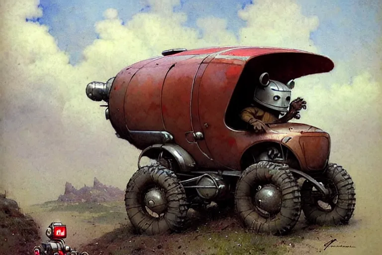 Image similar to adventurer ( ( ( ( ( 1 9 5 0 s retro future robot android mouse wagon rv offroad tracked. muted colors. ) ) ) ) ) by jean baptiste monge!!!!!!!!!!!!!!!!!!!!!!!!! chrome red