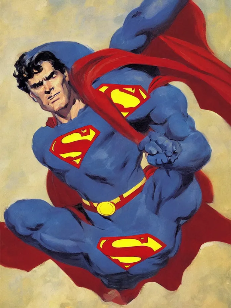 Image similar to a heroic portrait of Superman as illustrated by Gregory Manchess. 1992. Oil on panel. Museum Quality Scan.