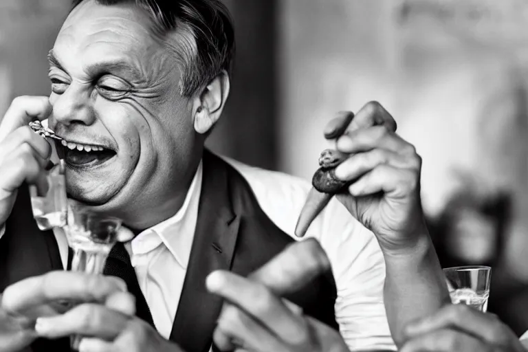 Image similar to viktor orban drinking champagne, smoking cigar, laughing hard, highly detailed face, by peter lindbergh