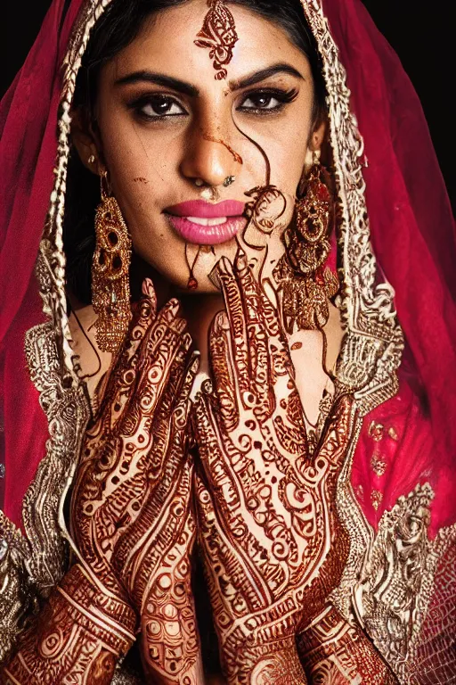 Image similar to a portrait of an indian bride, intricate henna tattoos and jewelery, dynamic pose, close - up, intricate details, intricately detailed clothing and textures, warm lighting, vivid colors, realistic octane render, hyper realistic render, volumetric shading, depth of field, raytracing, 8 k,