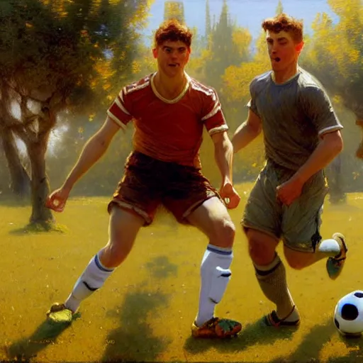 Image similar to 3 attractive male friends bonding time playing soccer. highly detailed painting by gaston bussiere, craig mullins, j. c. leyendecker, 8 k