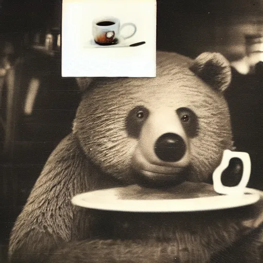 Prompt: a very beautiful old Polaroid picture of a bear drinking coffee inside a coffee shop, award winning photography