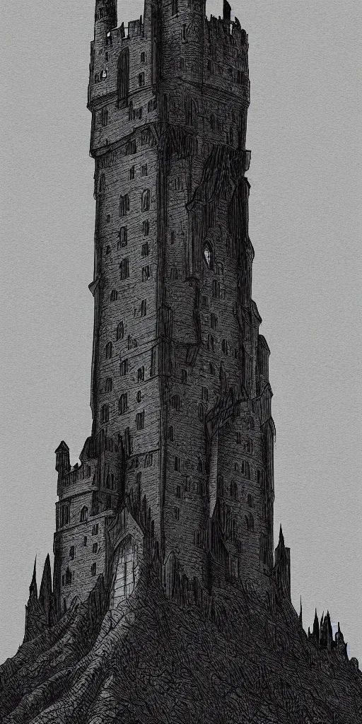 Image similar to lord of the rings tall medieval tower of dark stone on a castle on a hill. stone ruins at the bottom. a dark forest around. illustration on artstation
