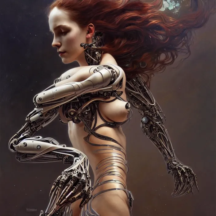 Image similar to organic cyborg, black plastic, diffuse lighting, fantasy, intricate, elegant, highly detailed, lifelike, photorealistic, digital painting, artstation, illustration, concept art, smooth, sharp focus, art by john collier and albert aublet and krenz cushart and artem demura and alphonse mucha