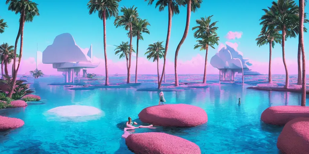 Image similar to Beeple masterpiece, hyperrealistic surrealism, award winning masterpiece with incredible details, epic stunning, infinity pool, a surreal vaporwave liminal space, highly detailed, trending on ArtStation, calming, meditative, pink arches, palm trees, very vaporwave, very very surreal, sharp details, dreamscape, giant head statue ruins