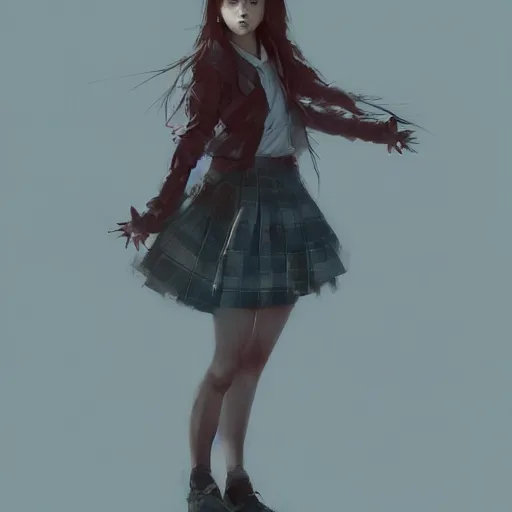 Prompt: full body portrait of a korean schoolgirl with long hair and bangs, her hands are thin red tedrils, dramatic lighting, illustration by Greg rutkowski, yoji shinkawa, 4k, digital art, concept art, trending on artstation