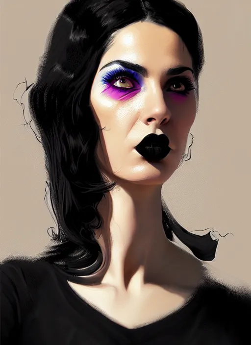 Prompt: portrait of an israeli woman with a crooked nose and a confident expression, 1 9 6 0 s, black clothes, goth, punk, brightly coloured hair, funk, intricate, elegant, highly detailed, digital painting, artstation, concept art, smooth, sharp focus, illustration, art by wlop, mars ravelo and greg rutkowski