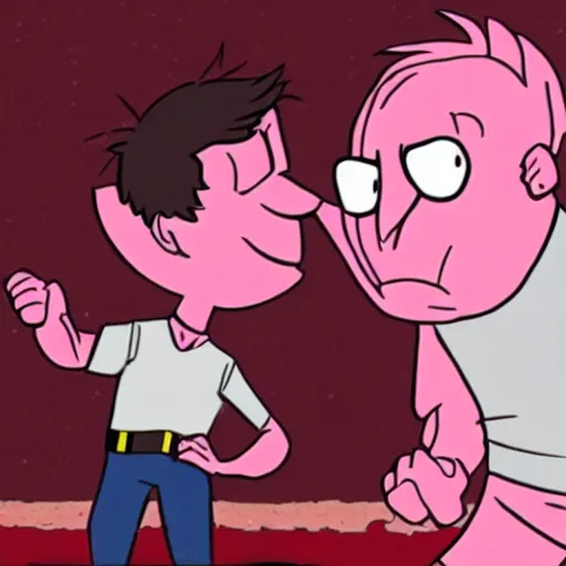 Image similar to george soros wrestling with pink guy played by george miller anime stlye