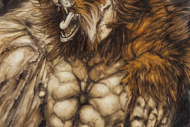 Image similar to 8k Yoshitaka Amano painting of upper body of a young cool looking lion beast-man at a medieval market at windy day. White mane, Depth of field. He is wearing complex fantasy armors. He has huge paws. Renaissance style lighting.