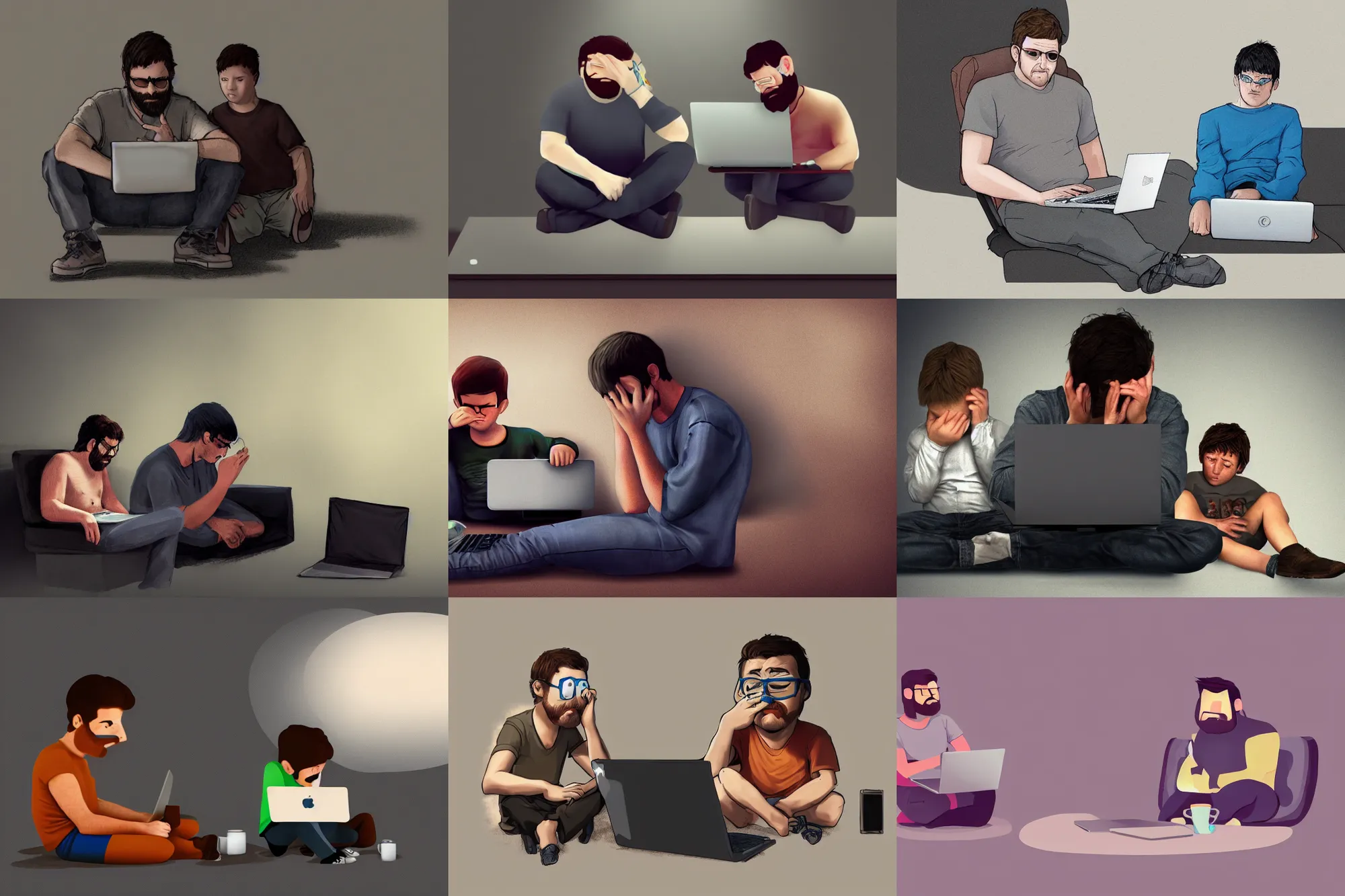 Prompt: hangover man sitting with laptop and sad kid staying near the man. high detail, trending on artstation