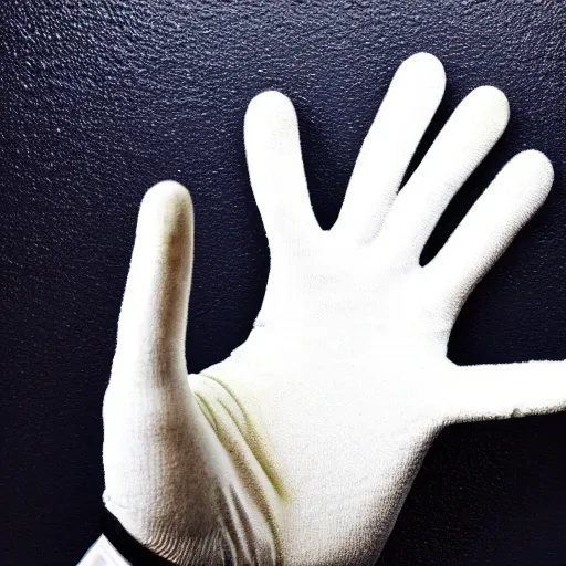 Image similar to a disembodied 5 - fingered white gloved hand waving out from behind a dark doorway