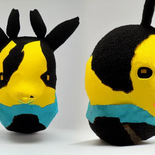 Prompt: abstract, sculpture Pikachu made of various materials from rainforest of face of artificial intellicgence