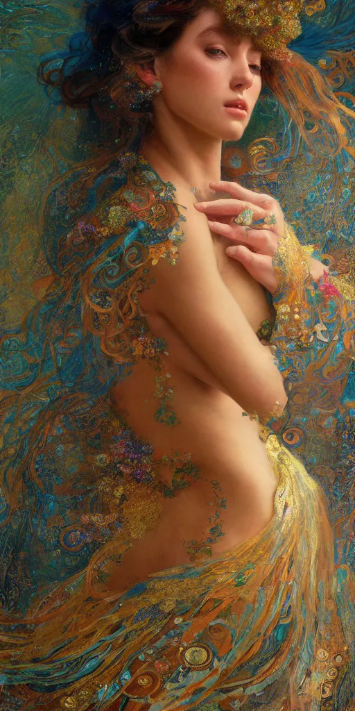 Image similar to an intricate painting of an artistic pose beautiful nymph with an artistic pose, hyper - detailed, covered in fancy silk cloth with klimt motives, octane render, vivid colors, artstation, by jeremy mann, by alphonse mucha, by boris vallejo, by gustav klimt