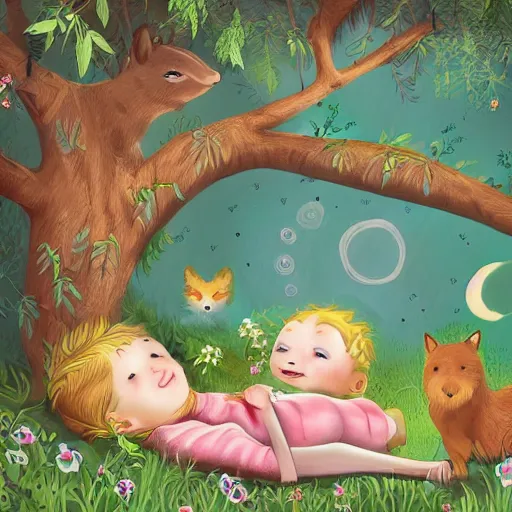 Prompt: a beautiful illustration of cute children dreaming about a beautiful forest, animals around them, high detailed faces, digital art