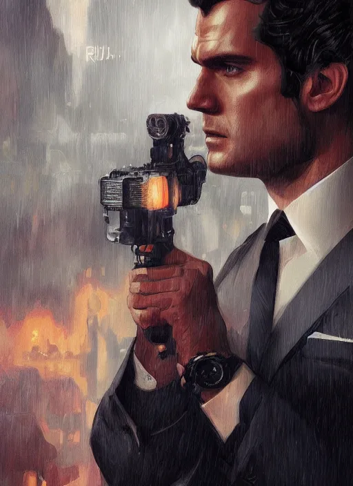 Prompt: portrait of henry cavill as james bond, casino, rain, fire, highly detailed, digital painting, artstation, concept art, cinematic lighting, sharp focus, illustration, art by artgerm and greg rutkowski and alphonse mucha