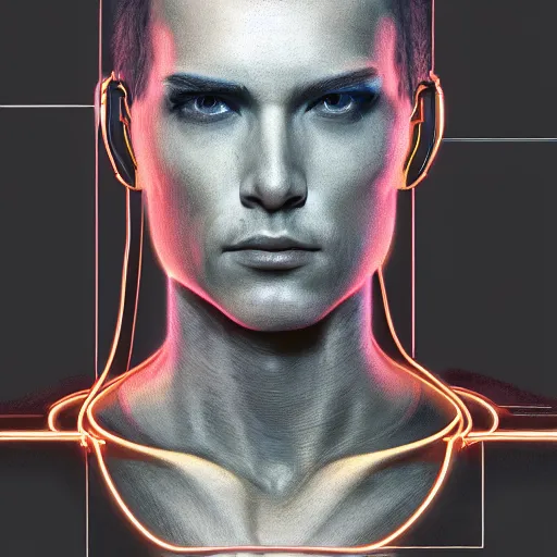 Prompt: a beautiful portrait of a young bionic male cyborg, cyberpunk, intricate wiring, perfectly clean translucent skin, perfect proportions, electronic components, augmented vision, volumetric light, photography, color, intricate, extremely detailed, hyperrealistic, color pencil drawing, trending on artstation