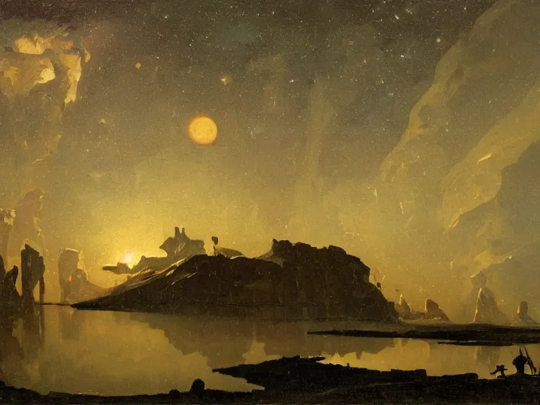 Image similar to an oil painting of a lake of black reflective oil on an alien planet with a distant outpost at dusk with aurora lighting up the sky by carl spitzweg and tuomas korpi. baroque elements, full-length view. baroque element. intricate artwork by caravaggio. Trending on artstation. 8k