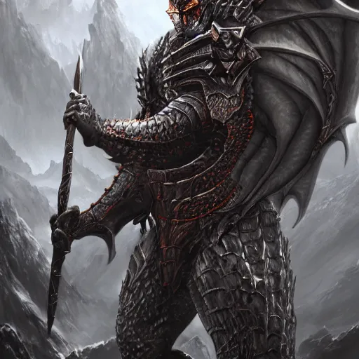 Prompt: dark fantasy concept of dragon kin god, with dark steel and dragon scale armor on a mountain, cinematic, dynamic lighting, photorealistic, ultra detailed, trending on art station, stunning visuals, creative, hyper detailed