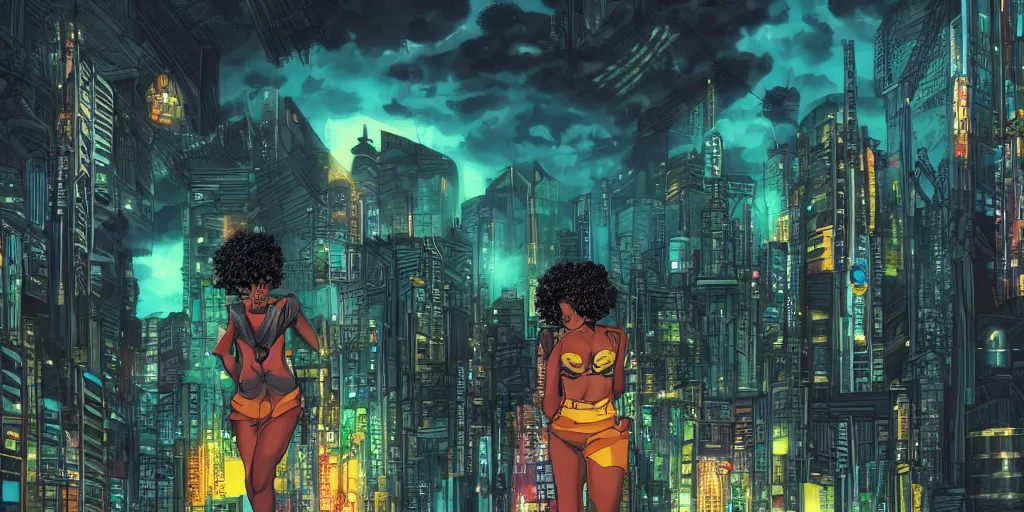 Prompt: an afropunk girl looking into an expansive afro futuristic city at night during a thunderstorm in the style of masamune shirow, anime, cinematic