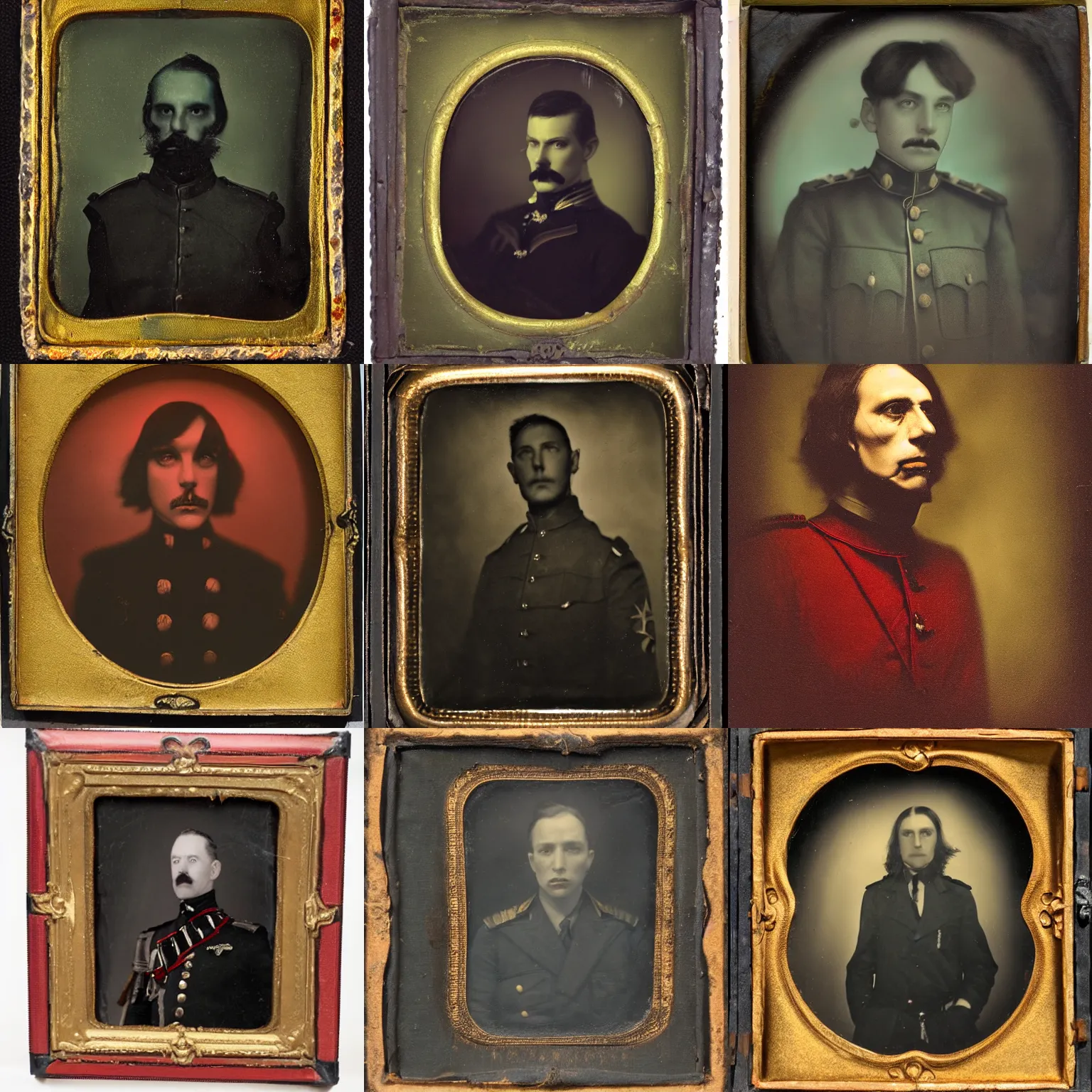 Prompt: chiaroscuro - tintype portrait ( 1 9 3 2 ) of hussar, strathmore 2 0 0, dark background, luminous, edge lighting, magical realist, colored with vermilion and viridian, ethereal