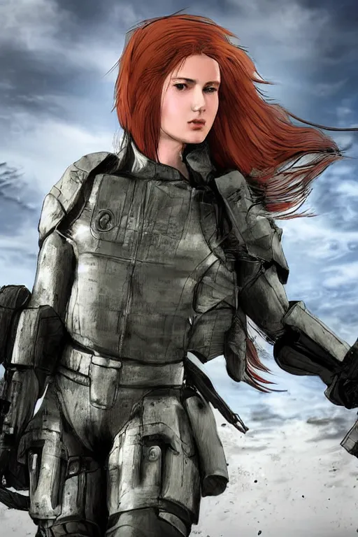 Image similar to portrait photo of beautiful young female, clothed in military armor, long hair blowing in the wind, from metal gear. Future war zone behind her. by Anita Sadowska