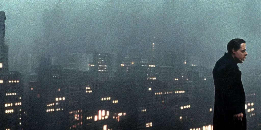 Image similar to beautiful cinematic film still of steve buscemi smoking a cigarette on a building top overlooking the rainy city in blade runner, 4 k