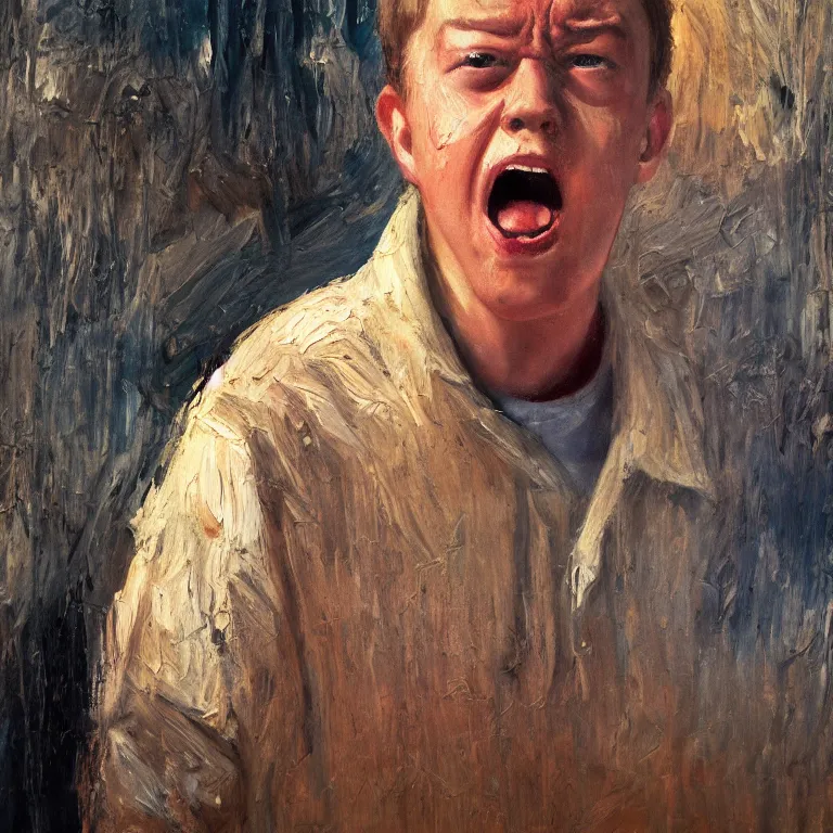 Image similar to warmly lit close up studio portrait of young angry!! teenage Jimmy Carter angrily singing, impasto oil painting thick brushstrokes by Cy Twombly and Anselm Kiefer , trending on artstation dramatic lighting abstract Expressionism