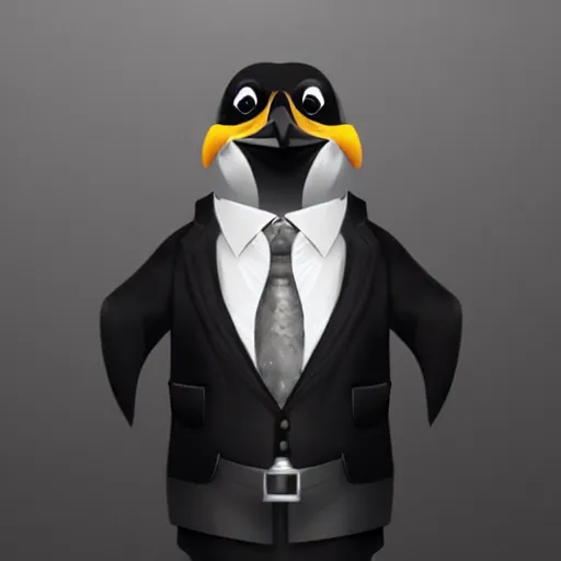 Image similar to Picture of a penguin wearing a suit, hair, godfather, symmetrical, dark environment, smoke, realistic, highly detailed, digital art, trending on artstation,