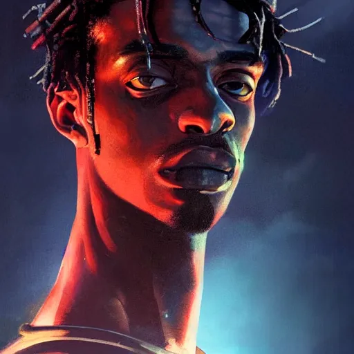 Image similar to cyberpunk, closeup portrait of a playboi carti, dramatic light, city background, sunset, dystopian setting, high contrast, sharp, neuromancer, henry dorsett case, painted by stanley lau, painted by greg rutkowski, painted by stanley artgerm, digital art, trending on artstation