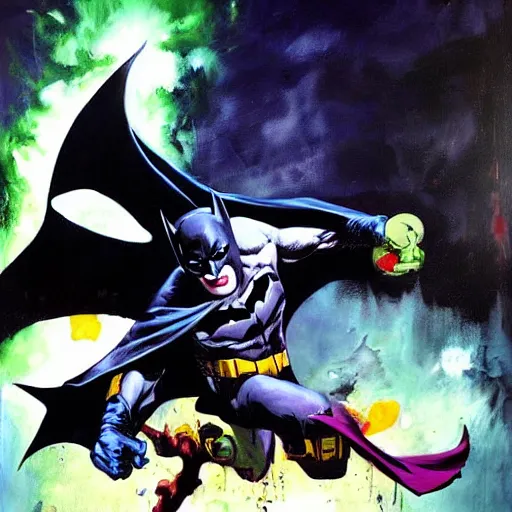 Prompt: batman fighting the joker in a garden by night in the style of phil hale