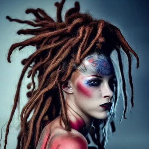 Image similar to a flawless female beauty with blonde and red dreadlocks inspired by luis royo, dark dramatic lighting photography