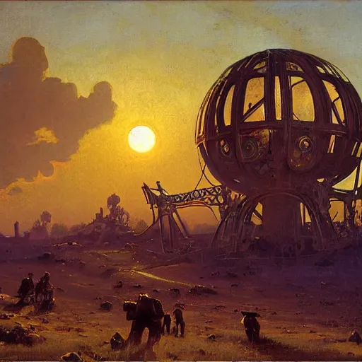 Image similar to painting of syd mead artlilery scifi organic shaped radio station with ornate metal work lands on a farm, fossil ornaments, volumetric lights, purple sun, andreas achenbach