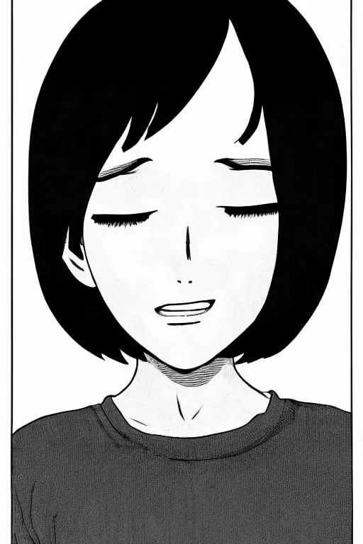 Prompt: portrait of a girl in long pants and a top, hands in pockets, eyes closed, bob haircut, digital art, black and white, lineart by junji ito and kaoru mori