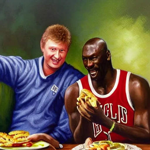 Image similar to portrait of larry bird and michael jordan sharing hotdogs, an oil painting by ross tran and thomas kincade