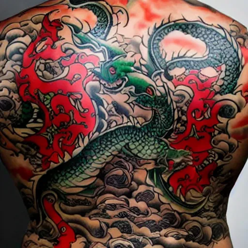Image similar to yakuza back tattoo. emerald dragon. ap photo. studio lighting, even composition, professional camera