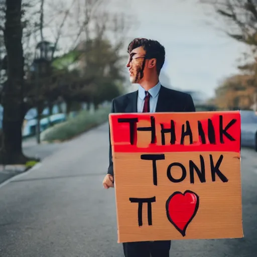 Prompt: a man wearing suite holding sign with text Thank you Stable Diffusion