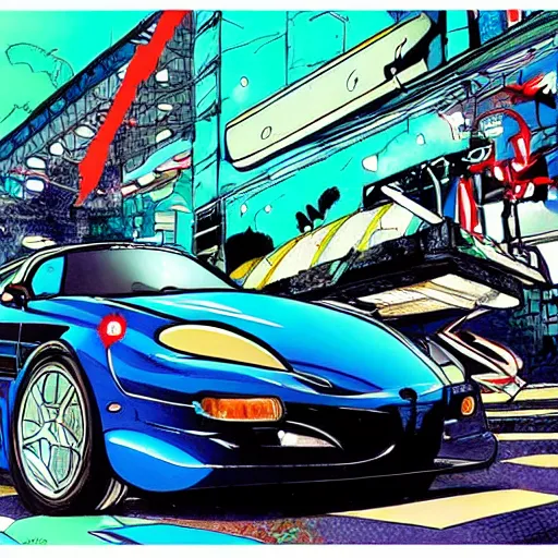 Prompt: “2023 FD RX7 re amemiya drawn by bob kane”