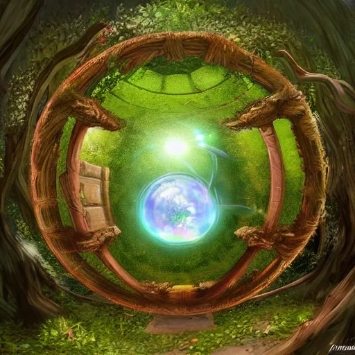 Image similar to a portal in a mysterious garden filled with spherical plants, trending on art station