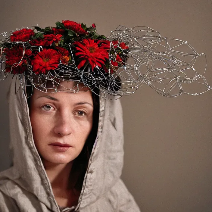 Prompt: a closeup portrait of a woman wearing a hood made of wire and zinnias, in an abandoned office building, by vincent desiderio, canon eos c 3 0 0, ƒ 1. 8, 3 5 mm, 8 k, medium - format print