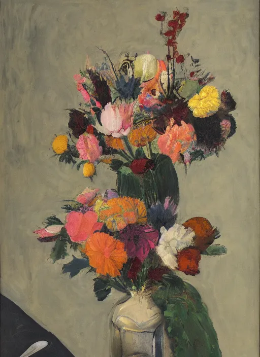 Image similar to a surreal painting of a breakfast still life, vase of flowers, by George Baselitz, symbolist, soft colors, dramatic lighting, smooth, sharp focus, extremely detailed, textured, aesthetically pleasing composition