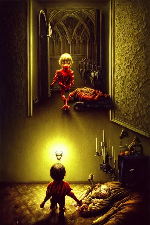 Prompt: realistic detailed image of a little boy looking under the *bed* in gory hotel room. small *elf is hiding* by the lamp on the shadowy dresser. Ayami Kojima, Karol Bak, Greg Hildebrandt, Neo-Gothic, gothic, rich deep colors. Hauntingly surreal, dark art. Part Beksinski painting, part by Adrian Ghenie and Gerhard Richter, part by Takato Yamamoto. 8k masterpiece
