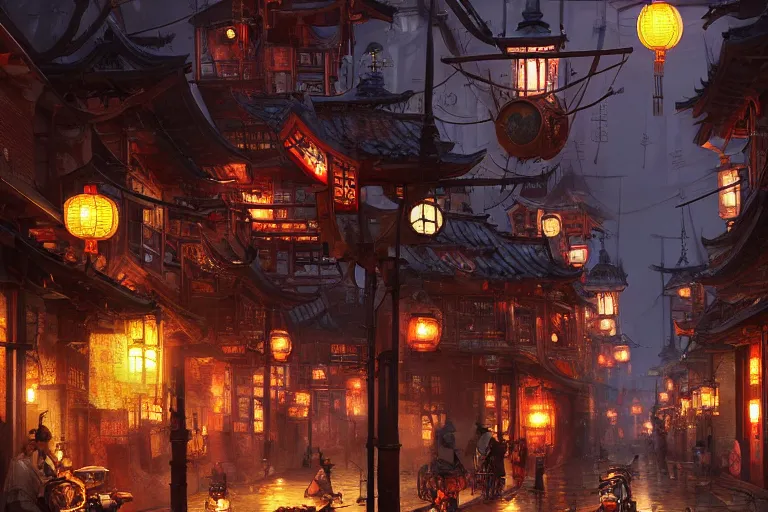 Prompt: chinese japanese steampunk street at night, japanese steampunk houses with cogs and clocks, cinematic art, concept art, darek zabrocki, noah bradley, artstation, realistic photorealistic street concept art