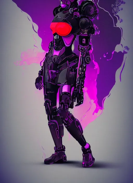 Prompt: black background with subtle red and purple design elements, pale woman in sci - fi power armor with purple hair, nekro, modern design, collage art, thin lines, dark, glitch art, neo vaporwave, gritty, layout frame, trending on artstation