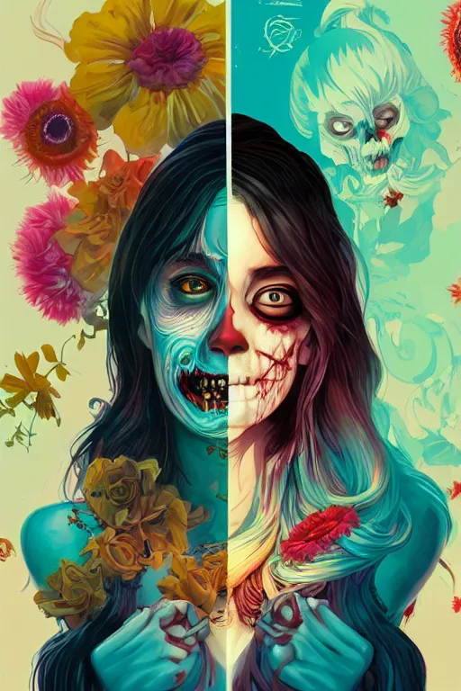 Prompt: a smiling cute zombie woman undead skin and wavy hair, tristan eaton, victo ngai, artgerm, rhads, ross draws