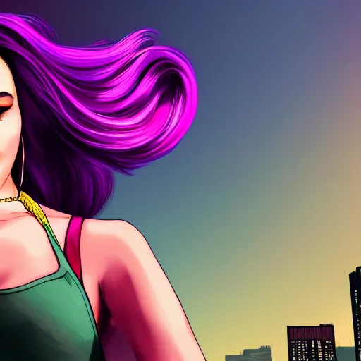 Prompt: a stunning GTA V loading screen with a beautiful woman with ombre hairstyle in purple and pink blowing in the wind, tanktop and skirt, city streets, digital art, trending on artstation