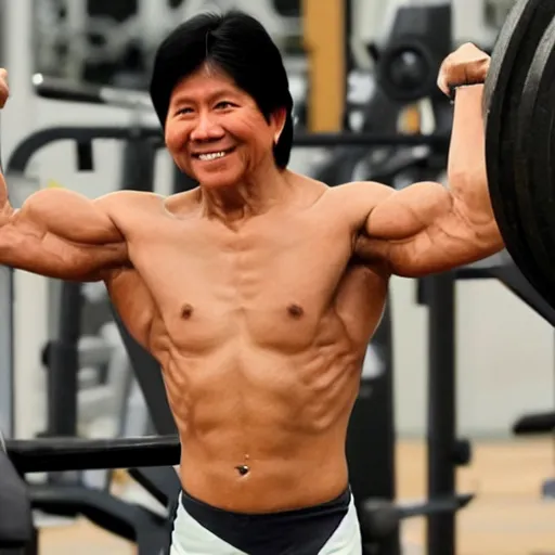 Image similar to A very muscular and lean BongBong Marcos flexing in the gym