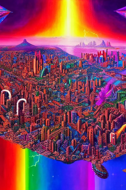 Image similar to a beautiful hyperdetailed painting of spiritual evolution city of god, rainbow retrowave fantasy, wallpaper, highly detailed, trending on artstation.
